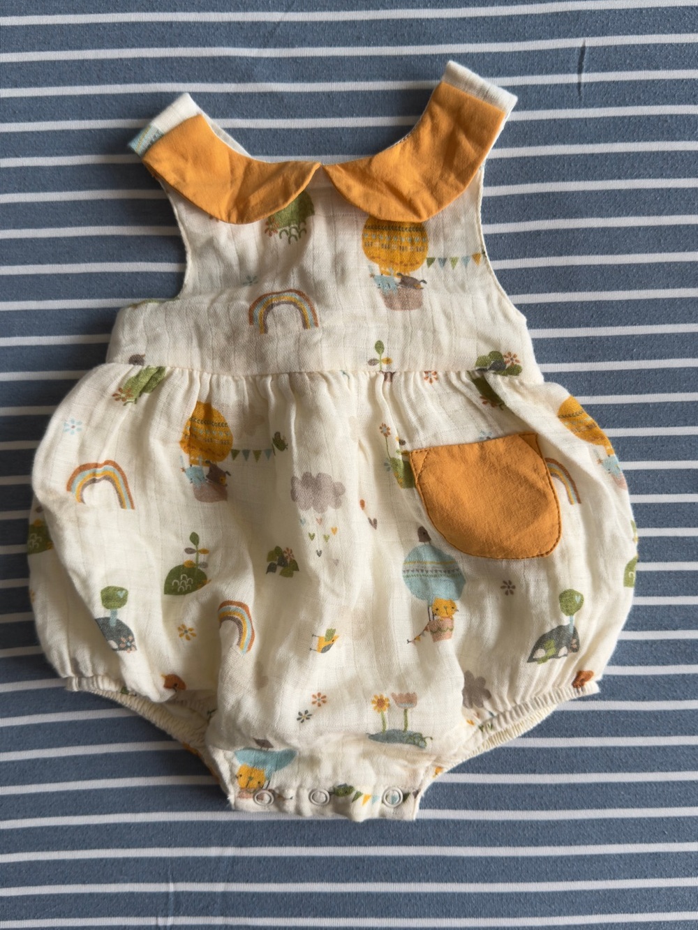 Baby Girl Cream Muslin Bubble Romper with Mustard Pocket 100% cotton